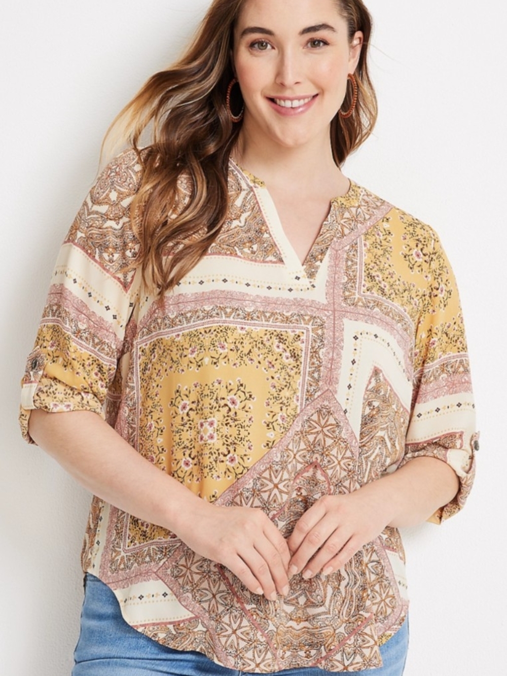 Maurices Mustard and Cream Patchwork V‑Neck Tunic